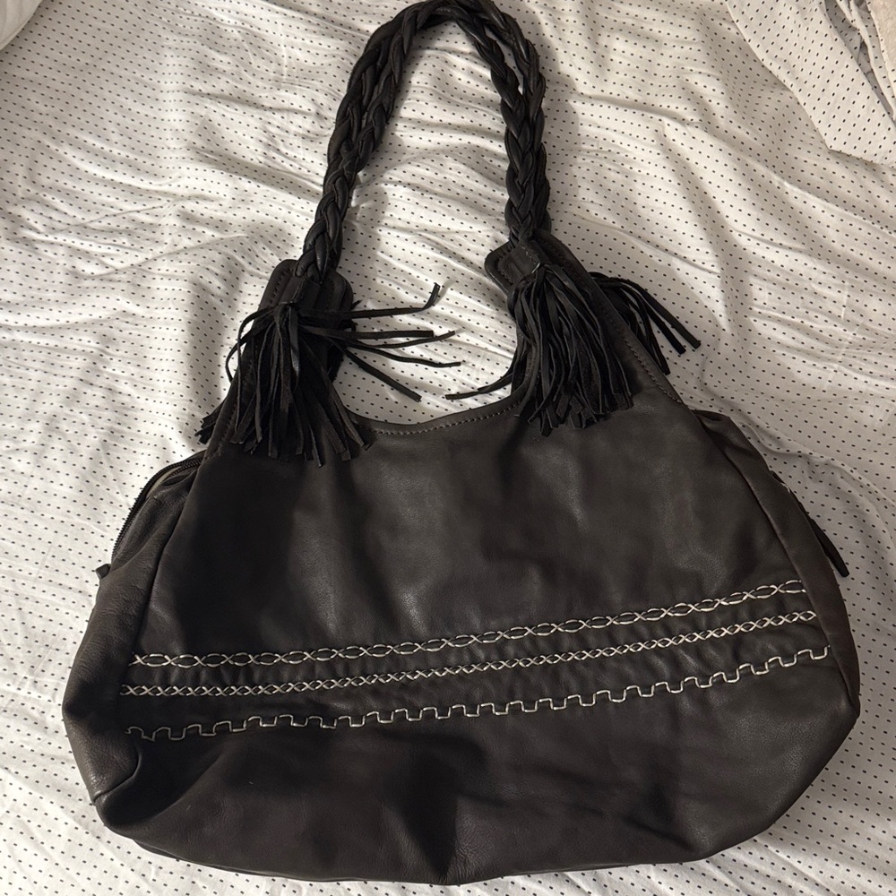 Nicoli Italian Brown Leather Tassel 2 Braided Shoulder Straps Hobo Style Purse